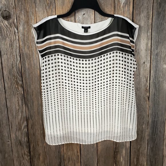 Ann Taylor MP PM Women's Black White Tan Striped Dotted Chiffon Top Blouse - Picture 1 of 5